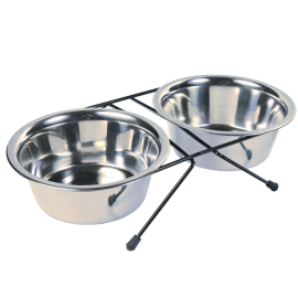 Set 2 Castroane Inox Pentru Caini si Pisici, in Suport Metalic, 0.45L