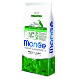 MONGE NATURAL Maxi Puppy & Junior, Pui, Hrana Uscata Monoproteica Caine Junior, Digestie Optima 12kg