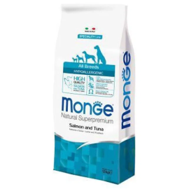 MONGE Natural Hipoalergenic Adult, Somon si Ton, Hrana Uscata Caine Digestie Sensibila | Piele Sanatoasa | Blana stralucitoare, 12kg