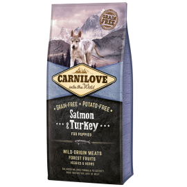 CARNILOVE Grain Free Puppy, Somon si Curcan, Hrana Uscata Fara Cereale Caine Junior, Crestere Sanatoasa 12kg