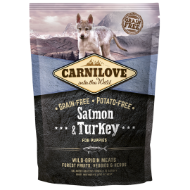 CARNILOVE Grain Free Puppy, Somon si Curcan, Hrana Uscata Fara Cereale Caine Junior, Crestere Sanatoasa 1.5kg