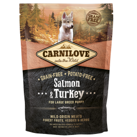 CARNILOVE Grain Free Puppy Large Breed, Somon si Curcan, Hrana Uscata Fara Cereale Caine Junior, Ritm Optim de Crestere 1.5kg