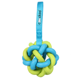 COOCKOO ZED Jucarie Pentru Caini, Minge Impletita, Cauciuc Natural, cu Maner Textil, Albastru | Verde Lime, 20x9.5cm