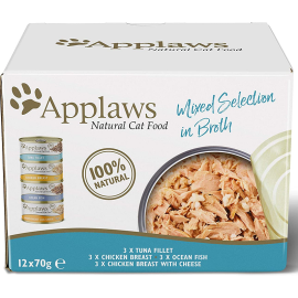 APPLAWS 100% Natural MIXED SELECTION, Bax Conserve Hrana Umeda Pisici, Piept Pui | Fillet Ton in Supa 12x70g