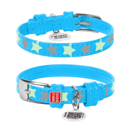 WAUDOG Glamour Stars, Zgarda din Piele Pentru Caini, cu Smart ID Tag, Marime XXS 19-25cm albastru