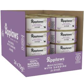 APPLAWS 100% Natural, Bax Conserve Hrana Umeda Pisica, Macrou si Sardine in Supa, 24x70g