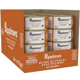 APPLAWS 100% Natural, Bax Conserve Hrana Umeda Pisici, Piept de Pui si Dovleac in Supa, 24x70g