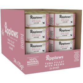 APPLAWS 100% Natural, Bax Conserve Hrana Umeda Pisica, Ton Fillet si Creveti in Supa, 24x70g