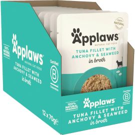 APPLAWS 100% Natural Bax Hrana Umeda Pisici, Fillet Ton si Ansoa in Supa, 12x70g