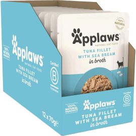 APPLAWS 100% Natural Bax Hrana Umeda Pisici, Fillet Ton si Dorada in Supa, 12x70g