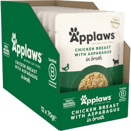 APPLAWS 100% Natural Bax Hrana Umeda Pisici, Piept de Pui si Asparagus in Supa, 12x70g
