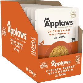 APPLAWS 100% Natural Bax Hrana Umeda Pisici, Piept de Pui si Dovleac in Supa, 12x70g