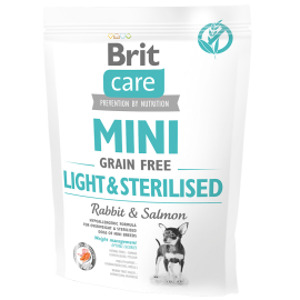 BRIT CARE Mini Grain Free Light & Sterelised Adult, Iepure si Somon, Hrana Uscata Hipoalergenica, Fara Cereale, Caine Supraponderal | Sterilizat | Castrat, 400g