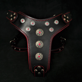 BESTIA DOG GEAR Bijou Negru / Rosu, Ham din Piele Pentru Caini, Marime M, 50x75cm