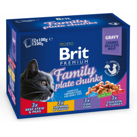 BRIT PREMIUM Family Plate Chunks, Vita | Peste | Pui | Curcan, Bax Plicuri Hrana Umeda Pisici (bucatele carne in sos) 12x100g