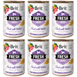 BRIT FRESH Vitel si Mei, Set Conserve Hrana Umeda Caine (bucati carne in pateu) 6x400g