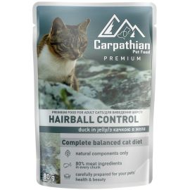 CARPATHIAN Premium Hairball Control, Plic Hrana Umeda Pisici Adulte, cu Rata in aspic, 80g