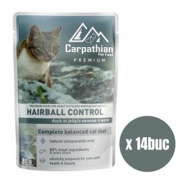 CARPATHIAN Premium Hairball Control, Plic Hrana Umeda Pisici Adulte, cu Rata in aspic, 80g