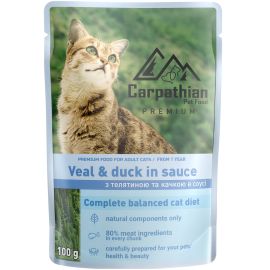 CARPATHIAN Premium, Plic Hrana Umeda Pisici Adulte, cu Vitel si Rata in Sos, 80g