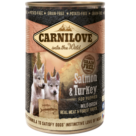 CARNILOVE Grain Free Puppy, Somon si Curcan, Conserva Hrana Umeda Caine Junior (pateu, 67% carne, fara cereale), 400g