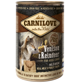 CARNILOVE Grain Free Adult, Vanat si Ren, Conserva Hrana Umeda Caine (pateu, 67% carne, fara cereale), 400g