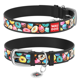 WAUDOG Design, Zgarda Piele Caini, cu Smart ID Tag, Model Donuts Negru, Marime XL 46-60cm