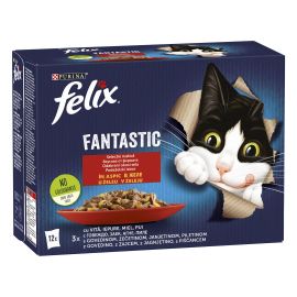 FELIX Fantastic , cu Pui | Vita | iepure si Miel in Aspic, Set Plicuri Hrana Umeda Pentru Pisici Adulte, 12x85g