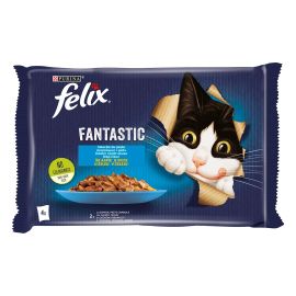 FELIX Fantastic , cu Somon si Peste Cambula in Aspic, Multipack Plicuri Hrana Umeda Pentru Pisici Adulte, 4x85g