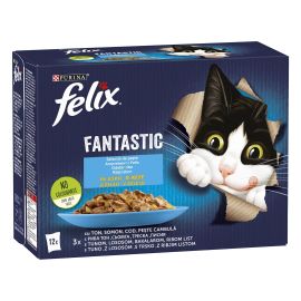 FELIX Fantastic , cu Ton | Somon | Cod si Cambula in Aspic, Set Plicuri Hrana Umeda Pentru Pisici Adulte, 12x85g