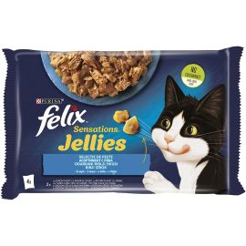 FELIX Sensation Jellies , cu Somon si Creveti | Cambula si Spanac in Aspic, Multipack Plicuri Hrana Umeda Pentru Pisici Adulte, 4x85g