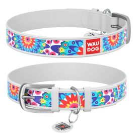 WAUDOG Design, Zgarda Piele Caini, cu Smart ID Tag, Model Flowers Alb, Marime XL 46-60cm
