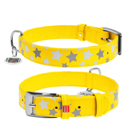 WAUDOG Glamour Stars, Zgarda din Piele Pentru Caini, cu Smart ID Tag, Marime XS 21-29cm galben