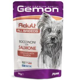 GEMON All Breeds Adult Dog cu Somon – Plic Hrană Umedă pentru Câini Adulți, (bucăți în aspic), 100g