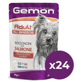 GEMON All Breeds Adult Dog cu Somon – Plic Hrană Umedă pentru Câini Adulți, (bucăți în aspic), 100g