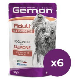 GEMON All Breeds Adult Dog cu Somon – Plic Hrană Umedă pentru Câini Adulți, (bucăți în aspic), 100g
