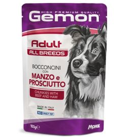 GEMON All Breeds Adult Dog cu Vita si Sunca – Plic Hrană Umedă pentru Câini Adulți, (bucăți în aspic), 100g