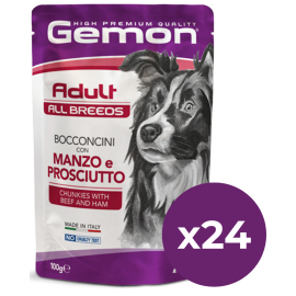 GEMON All Breeds Adult Dog cu Vita si Sunca – Set Plicuri Hrană Umedă pentru Câini Adulți, (bucăți în aspic), 24x100g
