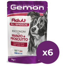 GEMON All Breeds Adult Dog cu Vita si Sunca – Plic Hrană Umedă pentru Câini Adulți, (bucăți în aspic), 100g