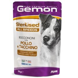 GEMON All Breeds Dog Sterilised cu Pui și Curcan – Plic Hrană Umedă Premium pentru Câini Adulți Sterilizați, Bucăți în Aspic, 100g