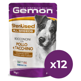 GEMON All Breeds Dog Sterilised cu Pui și Curcan – Set Plicuri Hrană Umedă pentru Câini Adulți Sterilizați, (bucăți în aspic), 24x100g