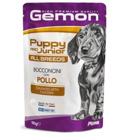 GEMON All Breeds Puppy & Junior, cu Pui – Plic Hrană Umedă pentru Catei Juniori, (bucăți în aspic), 100g
