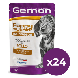 GEMON All Breeds Puppy & Junior, cu Pui – Plic Hrană Umedă pentru Catei Juniori, (bucăți în aspic), 100g