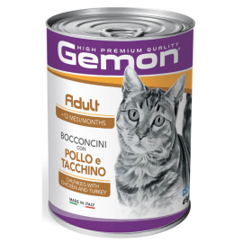 GEMON Cat Adult cu Pui și Curcan – Conserva Hrană Umedă pentru Pisici Adulte (bucatele in sos), 415 g