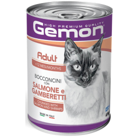 GEMON Cat Adult cu Somon si Creveti – Conserva Hrană Umedă pentru Pisici Adulte (bucatele in sos), 415g