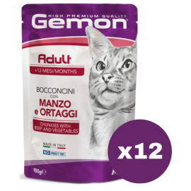 GEMON Cat cu Vita si Vegetale - Set Plicuri Hrana Umeda pentru Pisici Adulte (bucatele in aspic), 12x100g