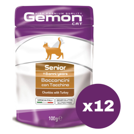 GEMON Cat Senior cu Curcan – Set Plicuri Hrană Umedă pentru Pisici Varstnice 7+, (bucatele in aspic), 12x100g