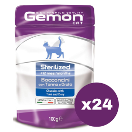 GEMON Cat Sterilised cu Ton și Doradă – Set Plicuri Hrană Umedă pentru Pisici Sterilizate, (bucatele in aspic) 24x100g