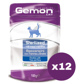 GEMON Cat Sterilised cu Ton și Doradă – Set Plicuri Hrană Umedă pentru Pisici Sterilizate, (bucatele in aspic) 12x100g