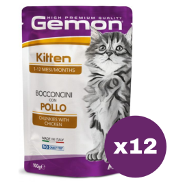GEMON Kitten cu Pui - Set Plicuri Hrana Umeda pentru Pisici Junioare (bucatele in aspic), 12x100g