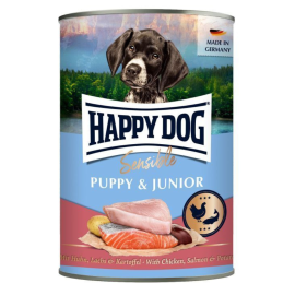 HAPPY DOG Sensible Puppy & Junior, cu Pui, Somon si Cartofi – Conserva Hrană Umedă fara Gluten pentru Căţei Juniori, 200g